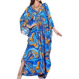 Women's Blue Abstract Floral V-Neck Batwing Sleeves Summer Cover Up Kaftan Dress